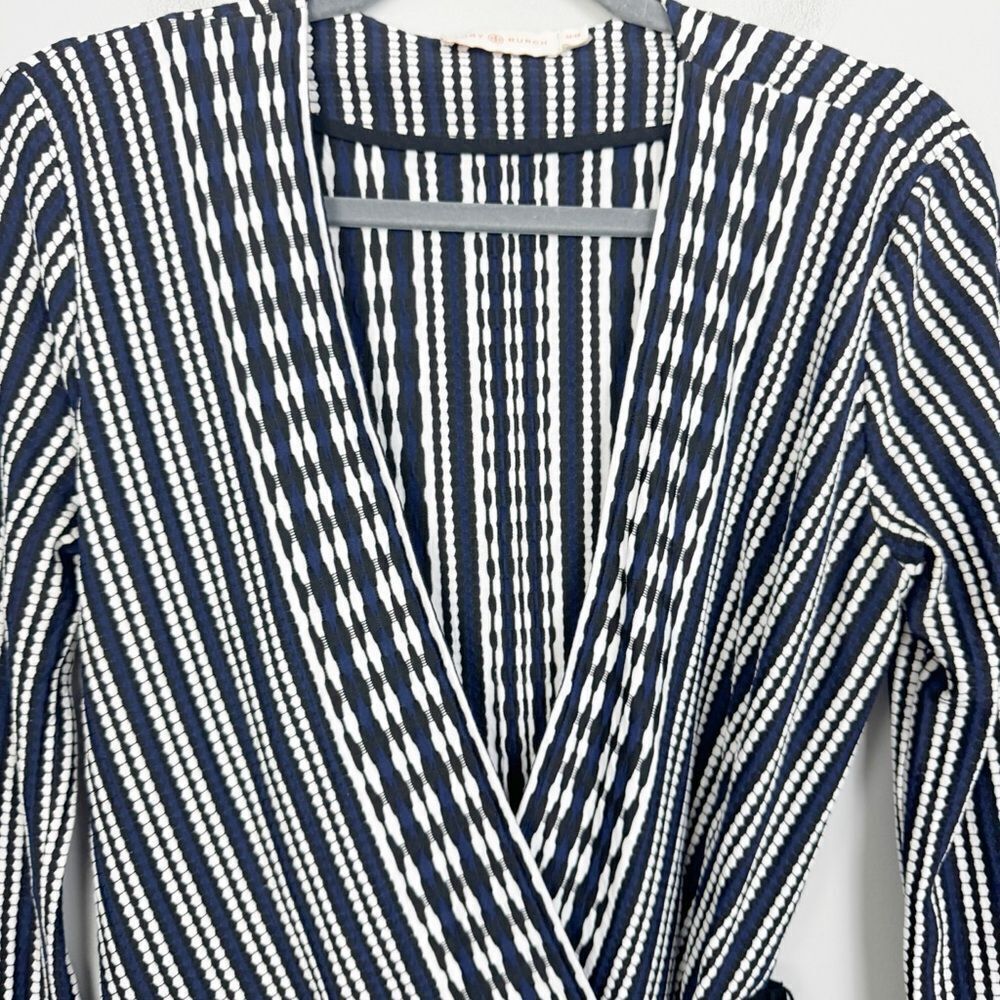TORY BURCH | Jacquard Striped Navy Blue Long Sleeve Wrap Dress Women’s Size M - Picture 6 of 14